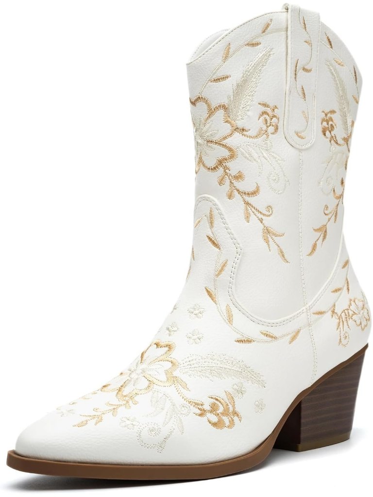 Women's White Embroidery Mid Calf Casual Mid Heel Pointed Toe Cowgril Boots